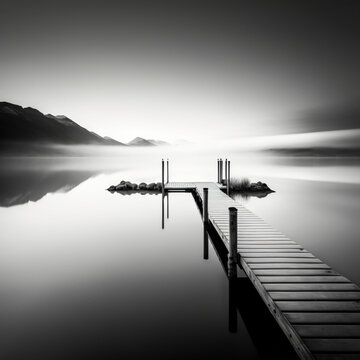 ultra wide angle long exposure black and white photograph of a lake without waves with pillars sticking out of the water inside with fog and a cloudless sky