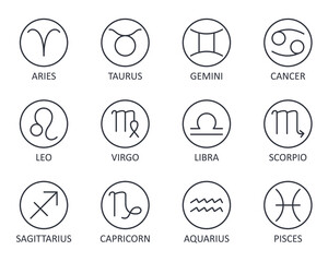 Vector astrology zodiac signs icons. Line round icon set editable stroke. Stylized horoscope elements with title. Stock illustration isolated on white background