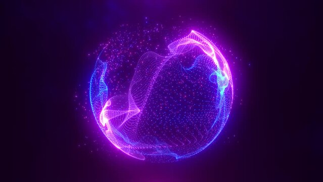Abstract round blue to purple sphere light bright glowing from energy rays and magic waves from particles and dots, abstract background. Video 4k, motion design