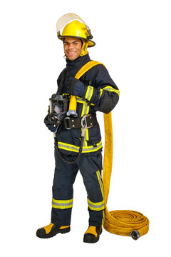 Full body young smiling African American fireman in uniform and helmet holds fire hose in hands and looking at camera isolated on white background, vertical orientation 