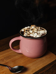 Image of cacao with marshmallow. Hot beverage in cafe. Cacao beverage