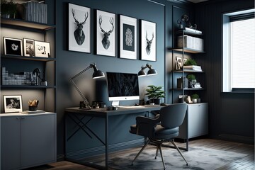  a home office with a desk and a chair in front of a window with a deer head on the wall above it and a lamp on the desk with a chair in front of the. Generative AI