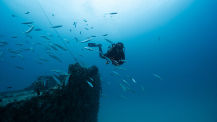 female diver posing in front of a sunken ship, technical diving