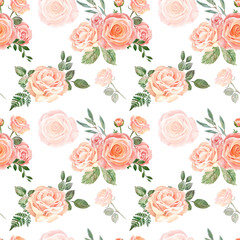 Floral seamless pattern with hand-painted peach pink roses and greenery. Watercolor blush flowers on white background.
