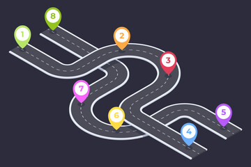 Isometric 8 steps timeline navigation. Winding roadmap pathway, road infographic, city map timeline road 3d vector illustration on white background