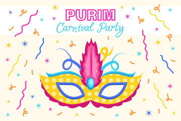 Obraz na płótnie Canvas Purim Holiday carnival mask with confetti on the background, Carnival Party banner, invitation greeting, vector party poster.