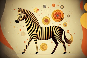  a zebra is standing in front of a background with circles and circles on it's face and tail, and a circular design on its back side, with a yellow and black and white. Generative AI
