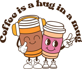 Coffee groovy quote in retro style. Vector on isolated background.