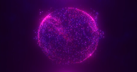 Abstract round blue to purple sphere light bright glowing from energy rays and magic waves from particles and dots, abstract background