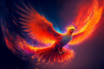 Fire phoenix is flying in the sky. Generative AI. Beautiful phoenix. Fire bird abstract art.