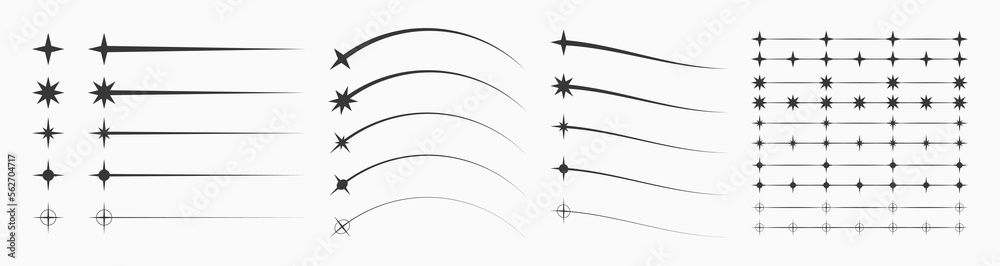 Aufkleber Moving retro stars collections. Star shapes and starburst icons that flying, falling and moving with trail and tail. Brutalism design elements in various shapes and positions. Vector.