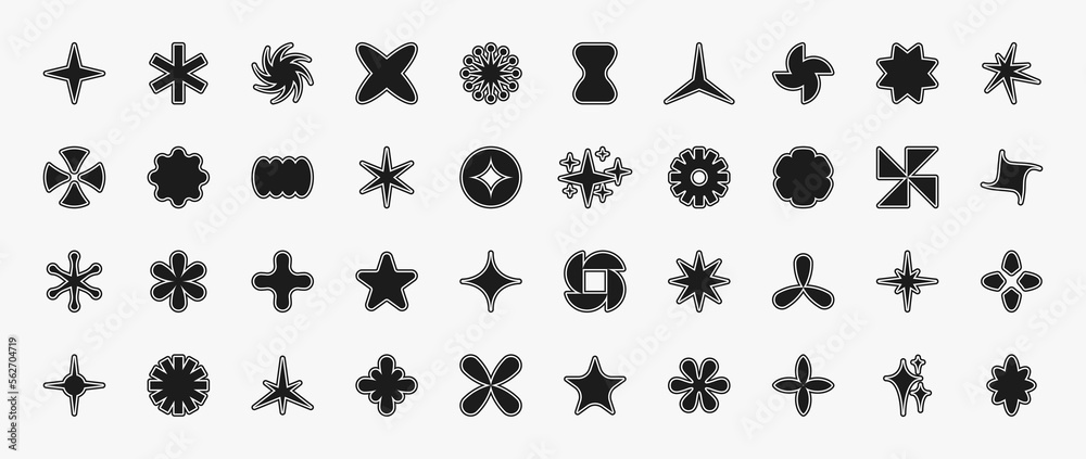 Aufkleber y2k star shapes collections. retro star and starburst icons and symbols. different abstract bold mod