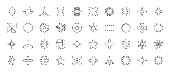 Linear star shapes and design elements set. Abstract line twinkle stars, starburst and different shapes. Modern trendy outline icons and symbols. Vector.