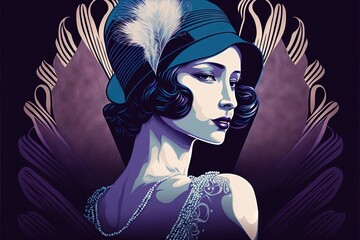  a woman wearing a hat with a feather on it's head and a feather on her head, in a stylized fashion illustration by alex macie, from the art decoartic era. Generative AI - obrazy, fototapety, plakaty