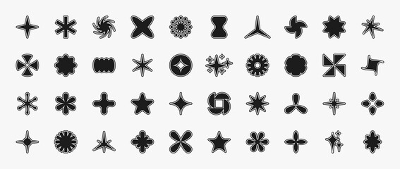 Y2K star shapes collections. Retro star and starburst icons and symbols. Different abstract bold modern shapes. Design elements for posters, banners and fashion design. Vector.