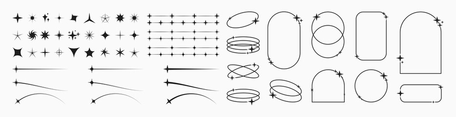 Retro stars, starburst icons and minimalist frames and borders with twinkle star. Different aesthetic oval elements and arch line frame, moving brutalist shapes. Modern trendy icons and symbol. Vector