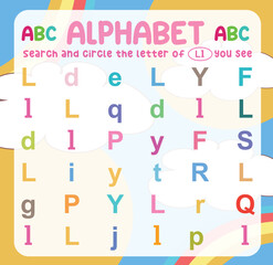 Search and circle the uppercase and lowercase letter Ll on the worksheet. Exercise for kids to recognize the alphabet. Educational page for preschool children. Vector file.