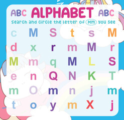 Search and circle the uppercase and lowercase letter Mm on the worksheet. Exercise for kids to recognize the alphabet. Educational page for preschool children. Vector file.