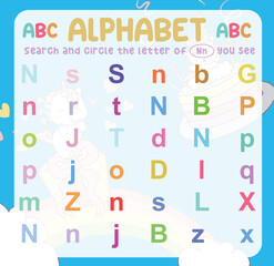 Search and circle the uppercase and lowercase letter Nn on the worksheet. Exercise for kids to recognize the alphabet. Educational page for preschool children. Vector file.