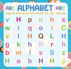 Search and circle the uppercase and lowercase letter Hh on the worksheet. Exercise for children to recognize the alphabet. Educational sheet for preschool. Vector file.