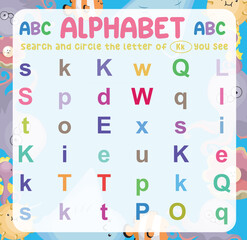 Search and circle the uppercase and lowercase letter Kk on the worksheet. Exercise for children to recognize the alphabet. Educational sheet for preschool. Vector file.