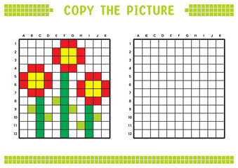 Copy the picture, complete the grid image. Educational worksheets drawing with squares, coloring cell areas. Children's preschool activities. Cartoon vector, pixel art. Flower plant illustration.