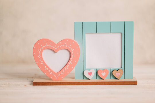 Beautiful mockup frame with heart shape of pink and blue colors. Spring romantic and wedding love dating image