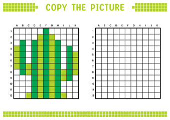 Copy the picture, complete the grid image. Educational worksheets drawing with squares, coloring cell areas. Children's preschool activities. Cartoon vector, pixel art. Cactus plant illustration.