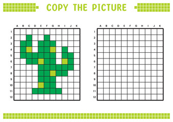Fototapeta premium Copy the picture, complete the grid image. Educational worksheets drawing with squares, coloring cell areas. Children's preschool activities. Cartoon vector, pixel art. Cactus plant illustration.