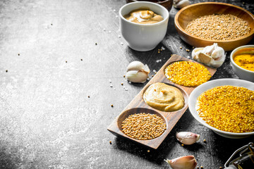 Assortment of different types of mustard in the bowl and on the stand.