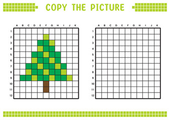 Fototapeta premium Copy the picture, complete the grid image. Educational worksheets drawing with squares, coloring cell areas. Children's preschool activities. Cartoon vector, pixel art. Fir tree illustration.
