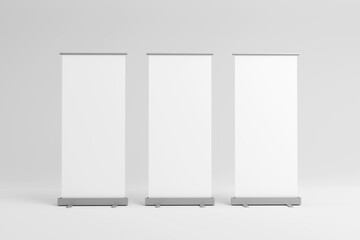 Set of blank roll-up, pop-up or pull-up banner stands. 3d render