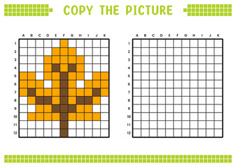 Fototapeta premium Copy the picture, complete the grid image. Educational worksheets drawing with squares, coloring cell areas. Children's preschool activities. Cartoon vector, pixel art. Autumn leaves illustration.