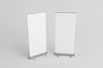 Blank white roll-up banner front and side set display mockup, isolated, 3d rendering