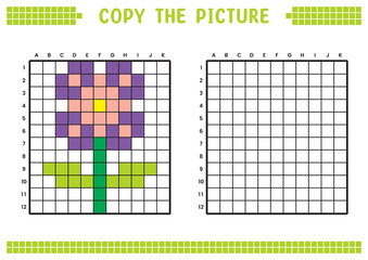 Copy the picture, complete the grid image. Educational worksheets drawing with squares, coloring cell areas. Children's preschool activities. Cartoon vector, pixel art. Flower plant illustration.