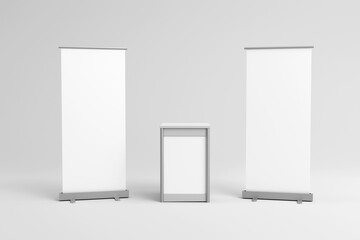 Pullup banners with a shaped exhibition point of sale table, 3d render