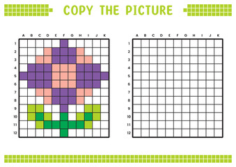 Fototapeta premium Copy the picture, complete the grid image. Educational worksheets drawing with squares, coloring cell areas. Children's preschool activities. Cartoon vector, pixel art. Flower plant illustration.