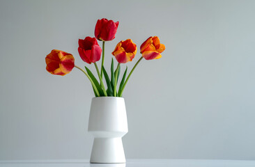 Bouquet of red and yellow tulips in a white vase on a grey  background.