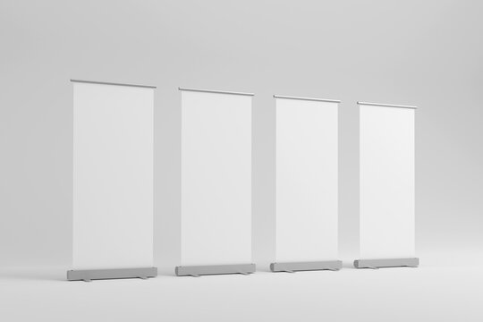 Set of blank roll-up, pop-up or pull-up banner stands. 3d render