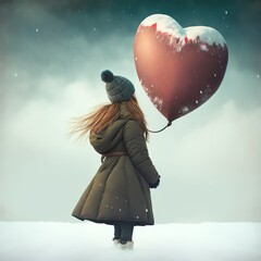 Girl with red snowy balloon. Created with Generative AI