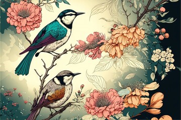  two birds sitting on a branch with flowers and leaves around them on a blue background with a white background with a yellow border and a pink flower border with a blue with a bird. Generative AI