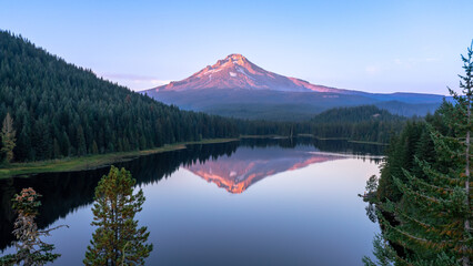 Drone picture of Mount Hood reflected in Trillium Lake at sunset in Oregon's Mt Hood National Forest