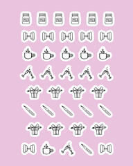 A set of stickers: a jar of pills, dumbbells, a mug with a hot drink, glasses, a gift, a thermometer. Doodle elements are suitable for marking about illness, sports, meetings,birthday,rest