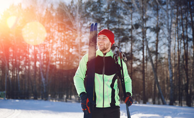Portrait active man cross-country skiing on snow sunny day. Concept sport for health habit - obrazy, fototapety, plakaty
