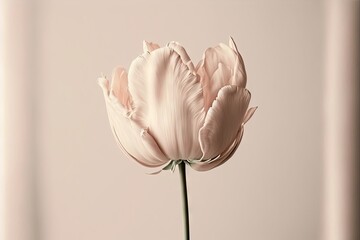 a pink flower is in a vase on a table with a light pink background and a white wall behind it, with a single flower in the center of the vase, with a thin. Generative AI