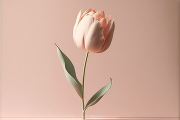  a single pink flower is in a vase on a table with a pink background and a green stem is in the foreground of the picture, and a pink wall is behind. Generative AI