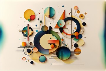 Obraz premium a painting of a number of different shapes and sizes of circles and circles on a white background with a blue and yellow border around the edges of the image is a white background. Generative AI
