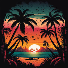 Fototapeta tropical sunset with trees obraz