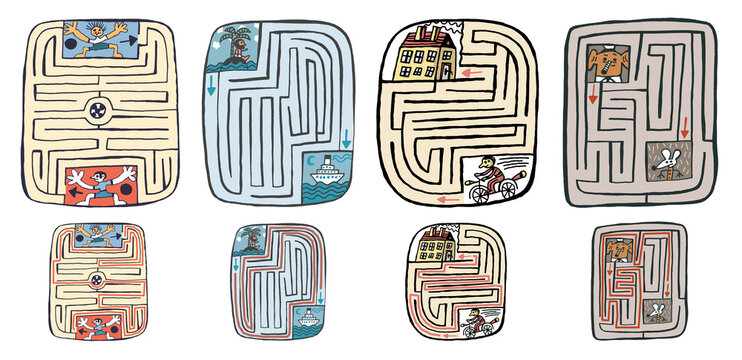 four easy maze labyrinth puzzle, soccer, robinson, bicycle, elephant, mouse