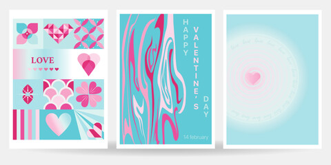 Set of vector illustrations. Happy Valentine's day. Useful for web, greeting cards, event invitation, discount voucher, advertising, cover, flyer, poster, prints. Simple modern geometric design